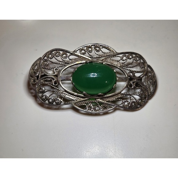 Stunning Art Nouveau Sterling Silver & Jade Brooch / Pendant - Picture 4 of 7